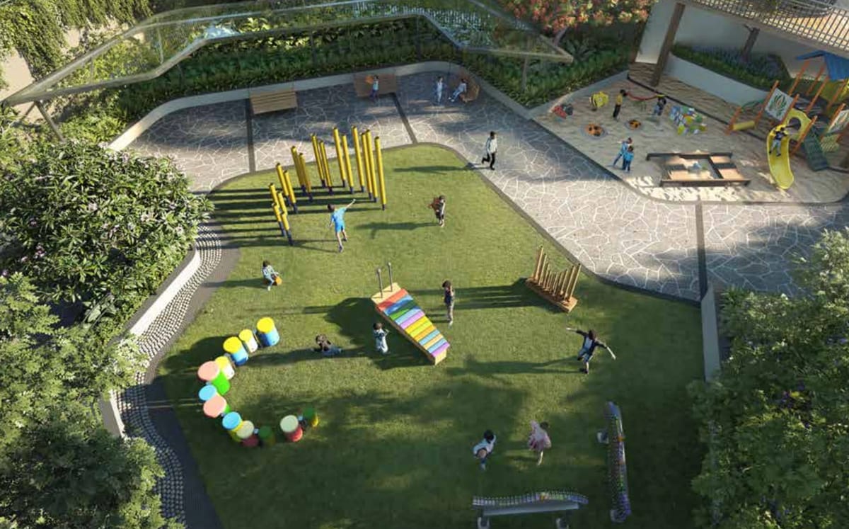 The kids' play lawn with play equipment, seen from above, artist's impression