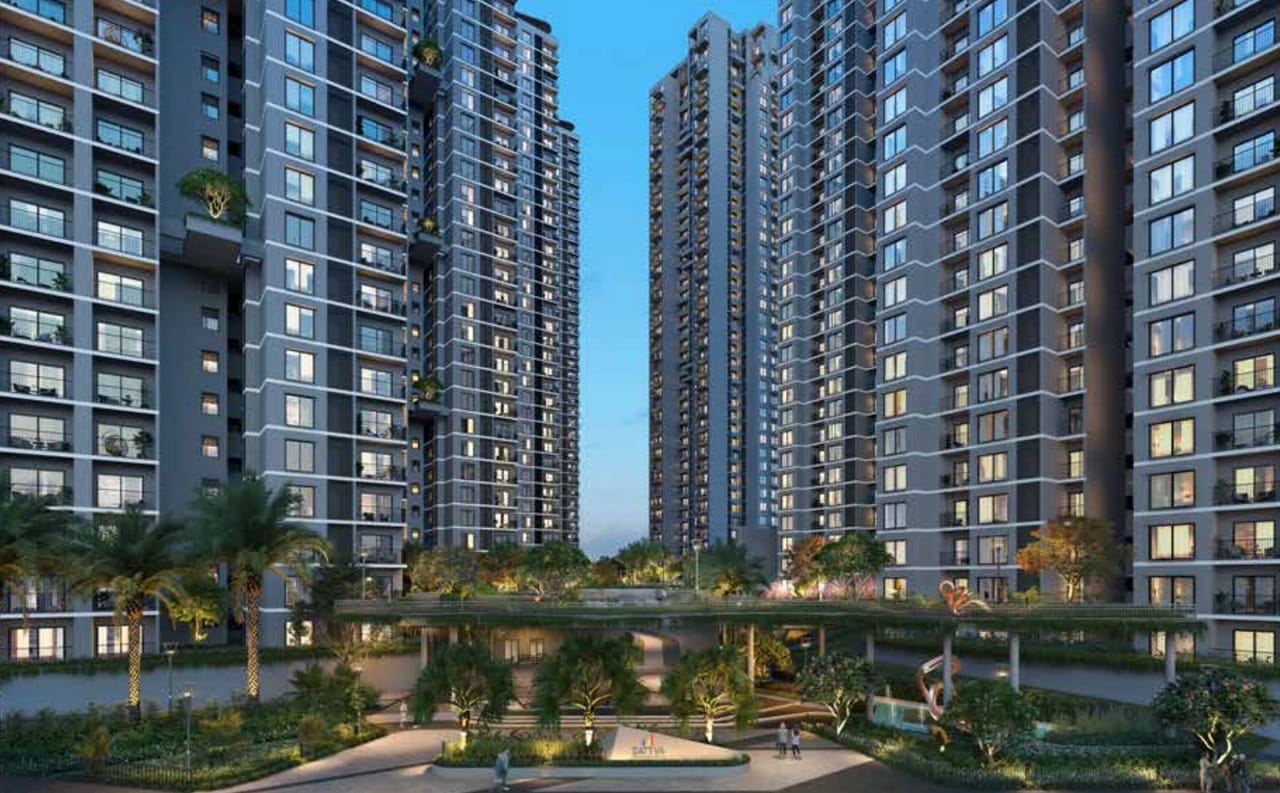 The open court between the Sattva Aangane towers, with the podium garden at its heart, artist's impression