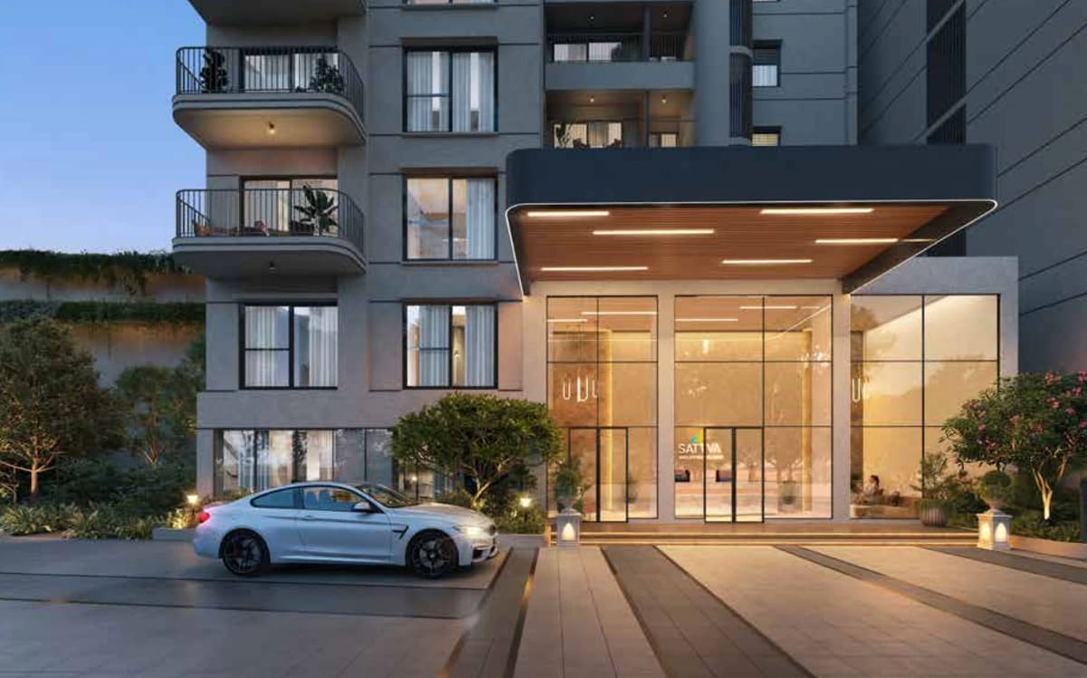 A tower entrance lobby at dusk, artist's impression