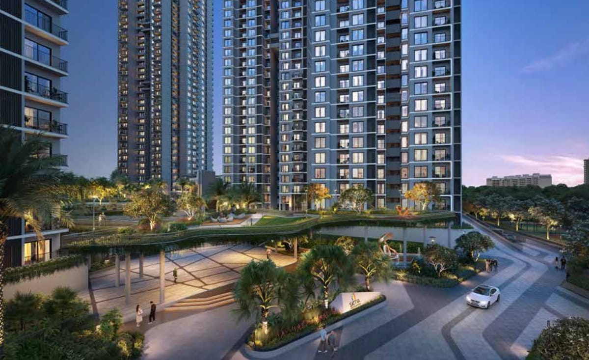 The entrance court and podium garden in the evening, artist's impression