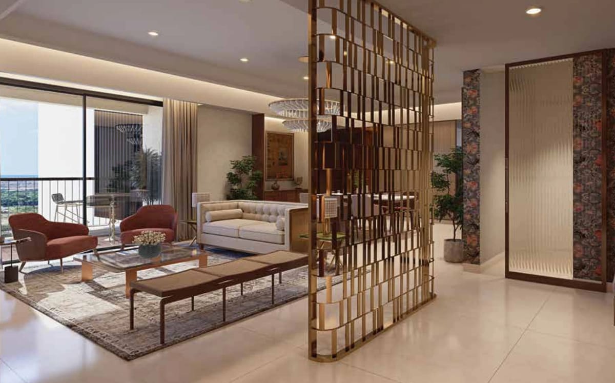 A furnished foyer opening to the living room, artist's impression