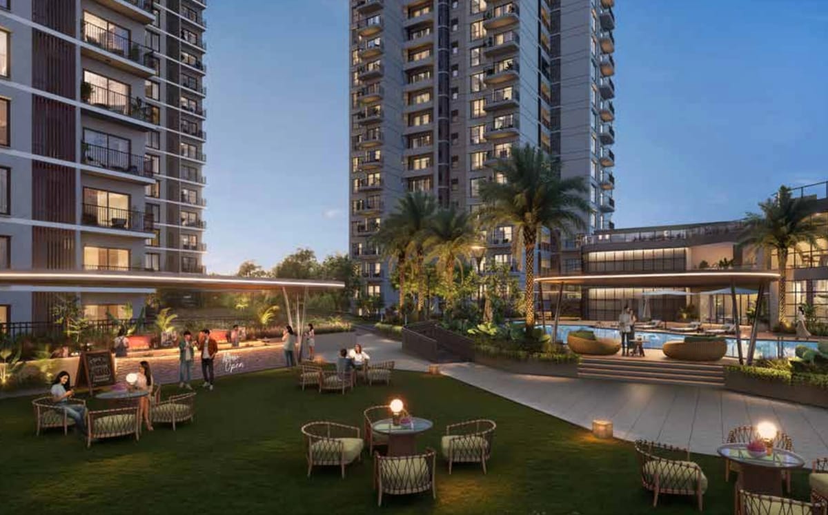 The function area lawn at dusk, beside the pool deck, artist's impression