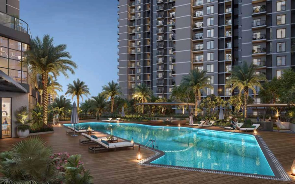 The swimming pool deck between the towers at dusk, artist's impression