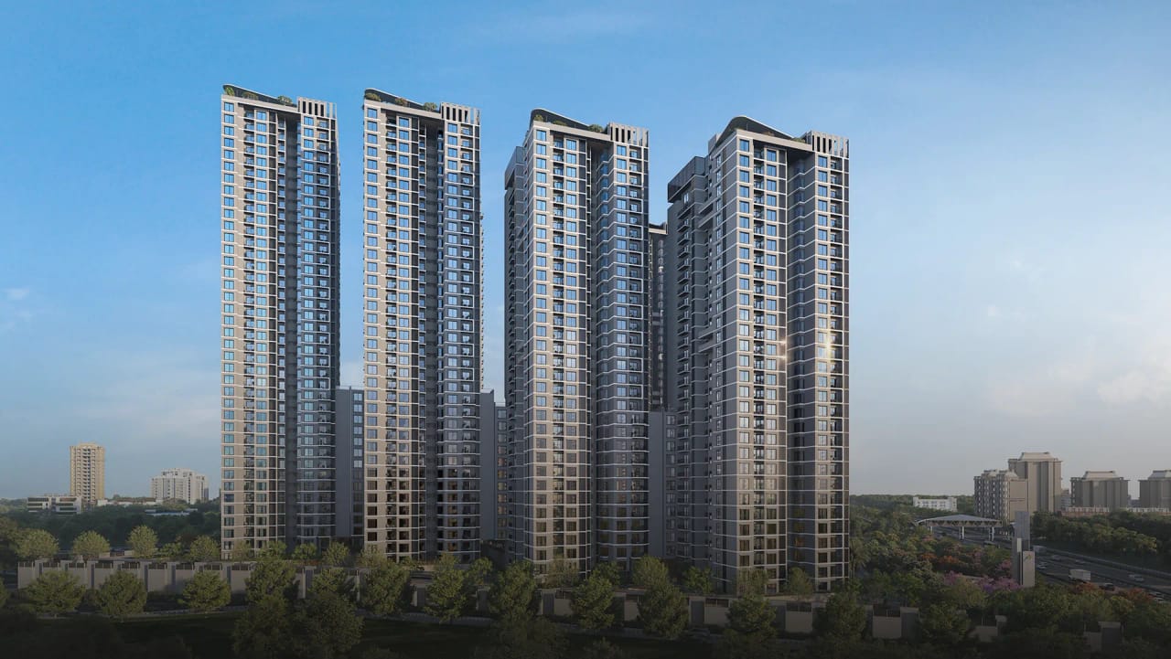 Sattva Aangane towers rising from the greens beside Old Madras Road, artist's impression