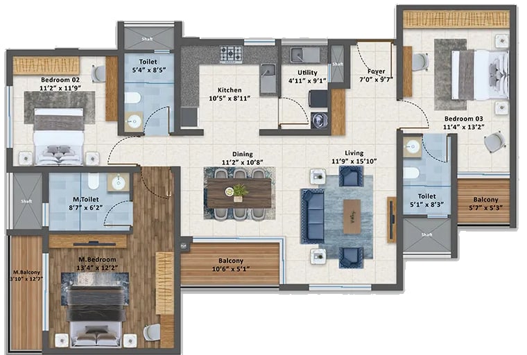 Sattva Aangane 3 BHK unit plan, Type 1, Towers 1 to 4