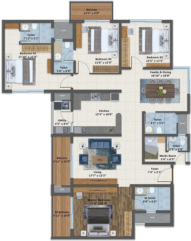 Sattva Aangane 4 BHK unit plan, Type 1, Towers 2 to 4