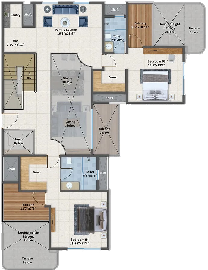 Tower 7 duplex, upper level plan: family lounge, bar and two bedrooms over the double height living room