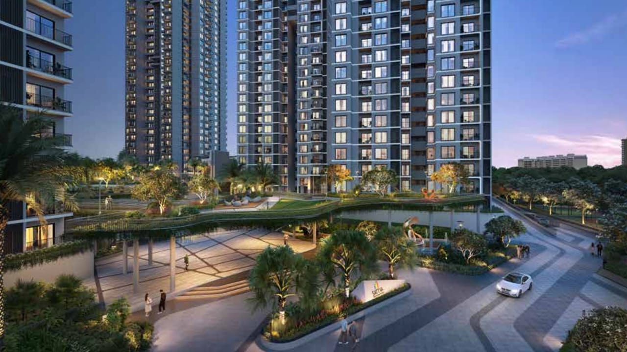Sattva Aangane entrance court in the evening, artist's impression, the poster of the walkthrough