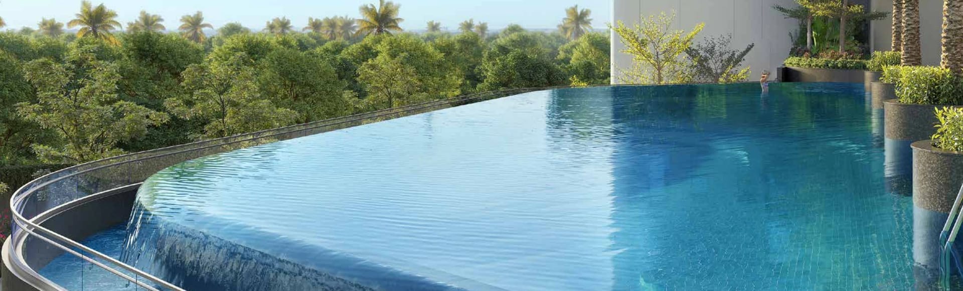 Sattva Aaranya infinity pool at podium level, its edge facing the treetops, artist's impression