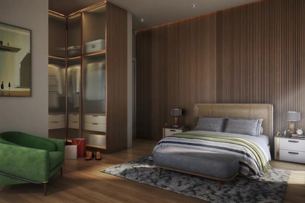 A bedroom at Sattva Aaranya with timber panelling, artist's impression