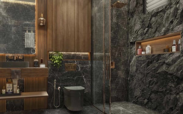 A washroom at Sattva Aaranya in stone and timber, artist's impression