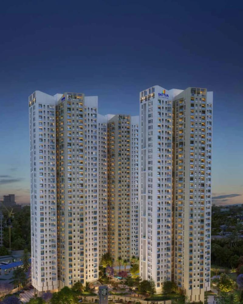 Sattva Aaranya: The three towers at night, artist's impression