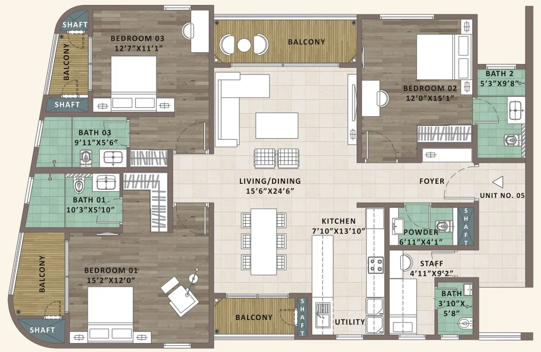 Sattva Aaranya 3 BHK with staff room unit plan, Type B2