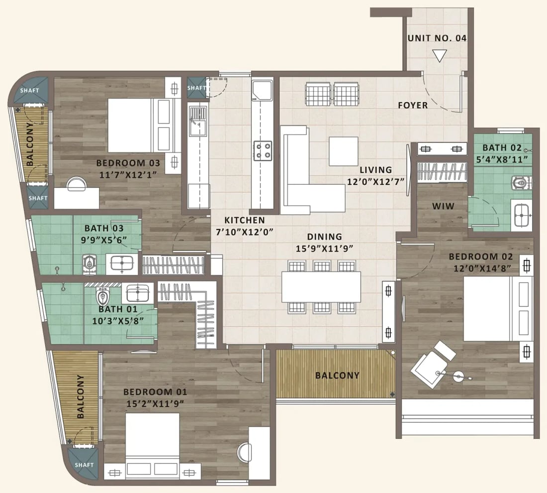 Sattva Aaranya 3 BHK unit plan, Type A1