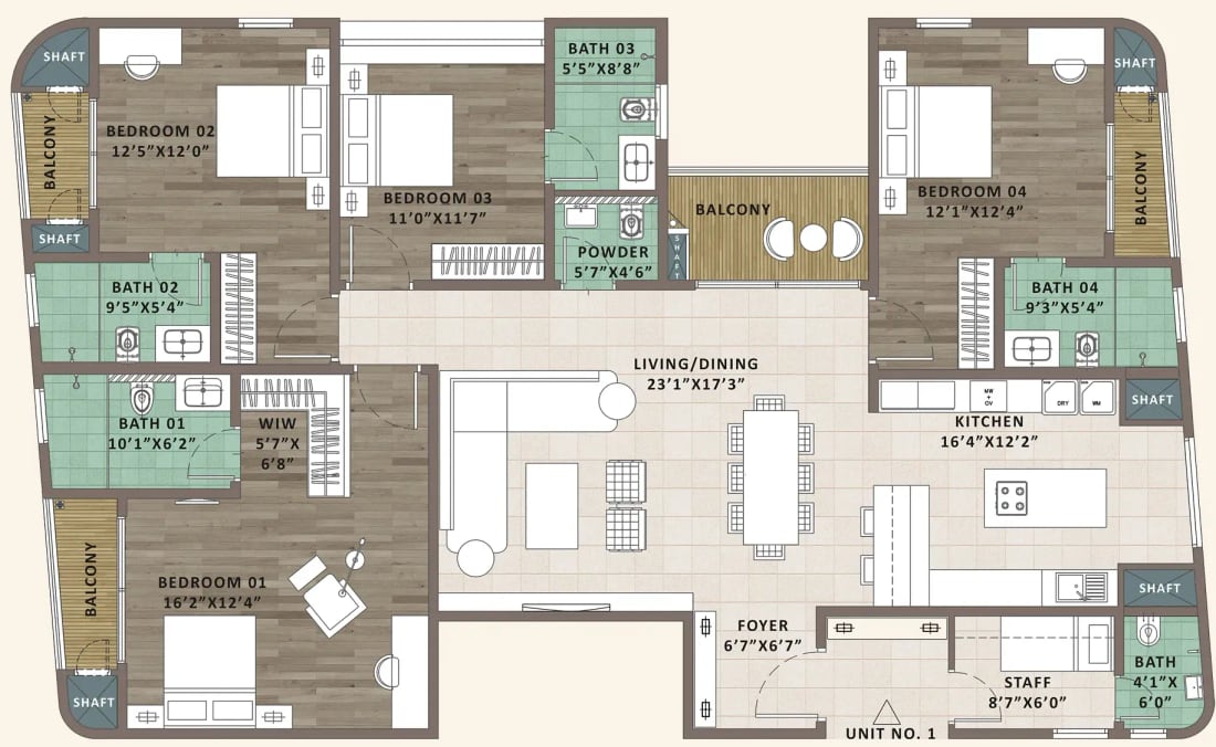 Sattva Aaranya 4 BHK with staff room unit plan, Type C