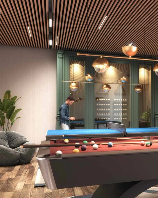 Sattva Aaranya indoor games room with billiards and table tennis, artist's impression