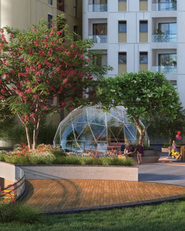 Sattva Aaranya winter lounge with glass dome seating in the garden, artist's impression