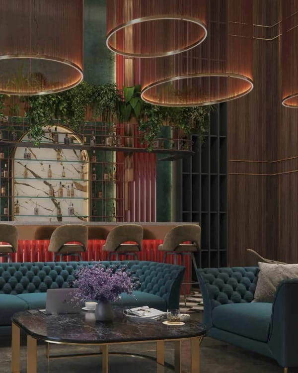 Sattva Aaranya bar lounge with deep green sofas, artist's impression