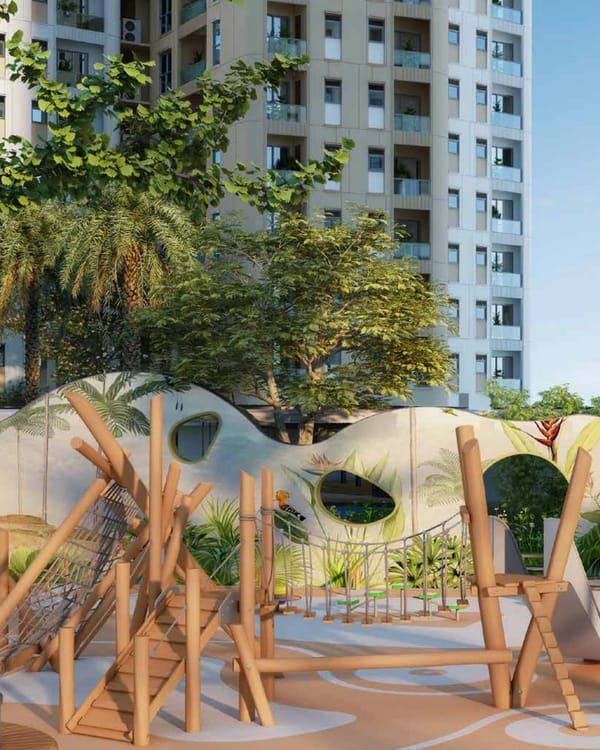 Sattva Aaranya kids' play area with timber climbing frames, artist's impression