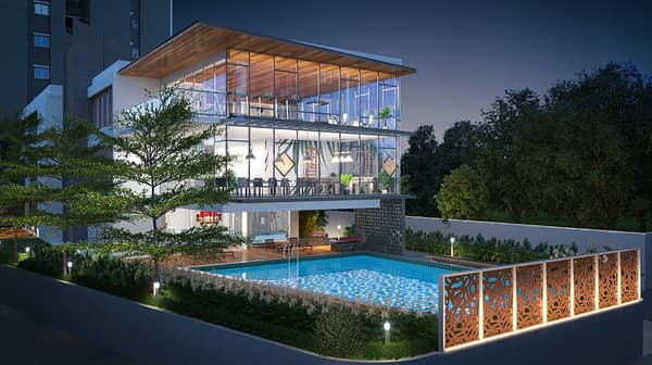 Sattva Aeropolis clubhouse and swimming pool at dusk, artist's impression
