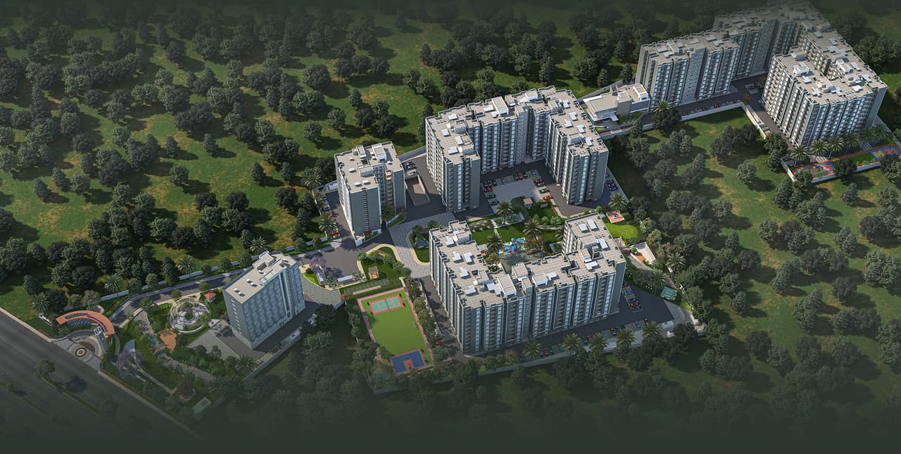 Sattva Aeropolis from the air by day, the blocks and courts inside a ring of trees, artist's impression, the poster of the walkthrough