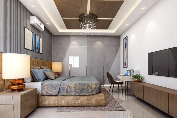 A Sattva Aeropolis master bedroom with a study desk, artist's impression