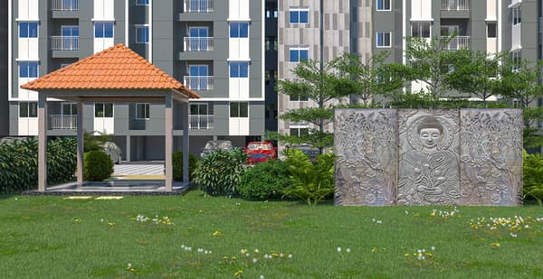 A Buddha relief wall beside a gazebo on the Sattva Aeropolis lawn, artist's impression