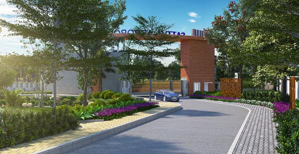 The internal road lined with gardens inside the Sattva Aeropolis gate, artist's impression