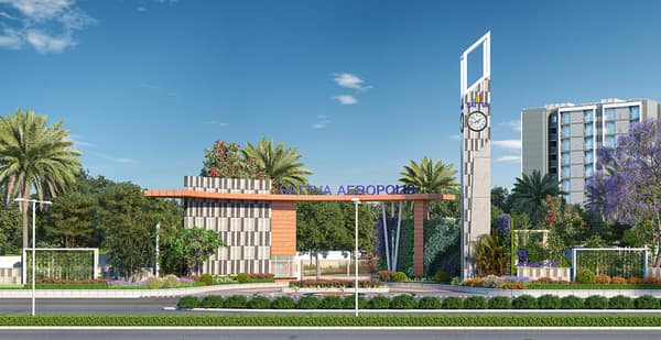 Sattva Aeropolis entry gate and clock tower on the main road, artist's impression