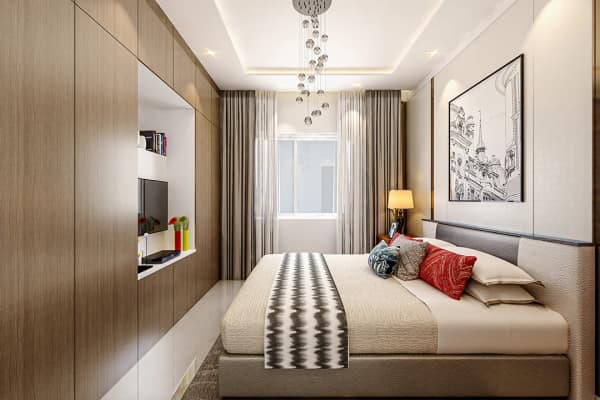 A Sattva Aeropolis guest bedroom with a wardrobe wall, artist's impression