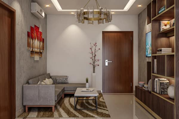 A Sattva Aeropolis living room with a sofa and bookshelves, artist's impression