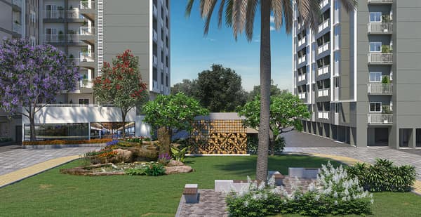A lotus pond lawn between two Sattva Aeropolis towers, artist's impression