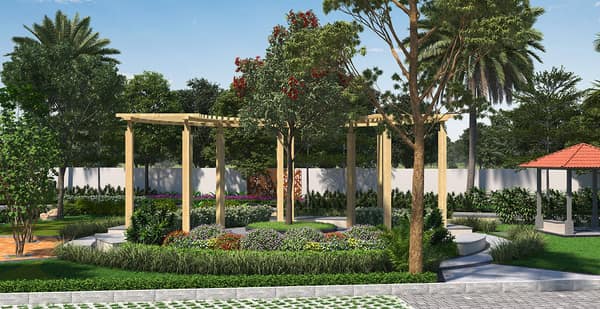A timber pergola in a planted garden at Sattva Aeropolis, artist's impression