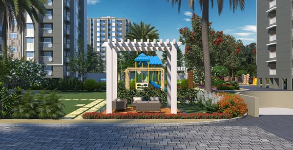 A white pergola framing a play area at Sattva Aeropolis, artist's impression
