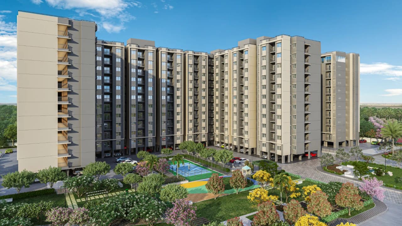 Sattva Aeropolis Phase II towers in Devanahalli above a landscaped garden with a play court and flowering trees, artist's impression