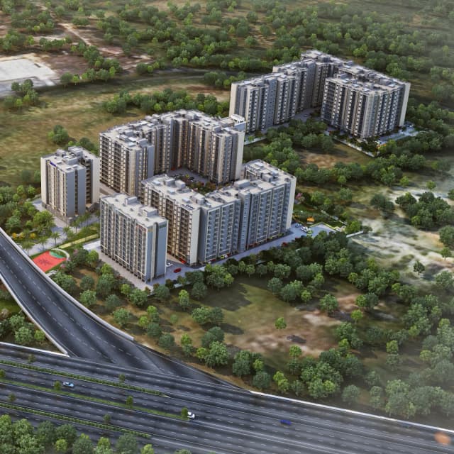 Sattva Aeropolis from the air by day: the blocks among trees beside the NH 44 flyover, artist's impression