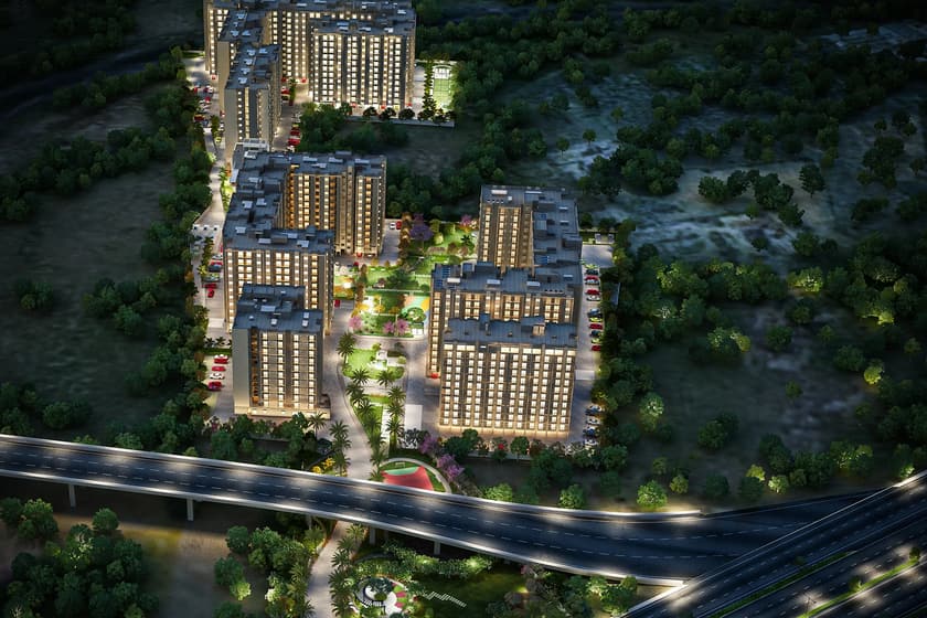 Sattva Aeropolis: The blocks and the entrance at night, artist's impression