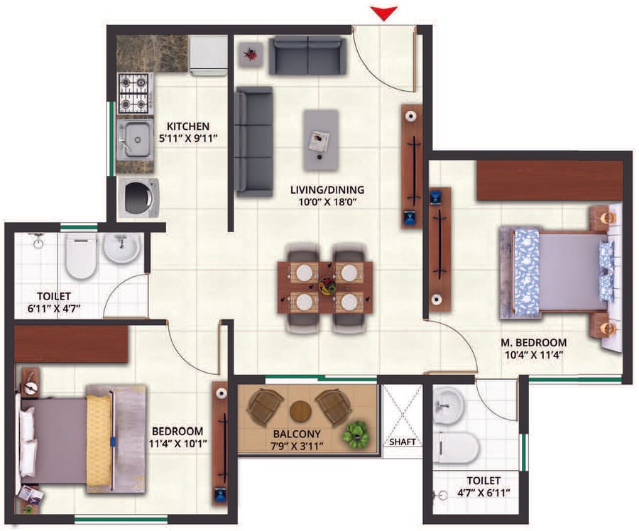 Sattva Aeropolis 2 BHK Type 1 unit plan, Phase I