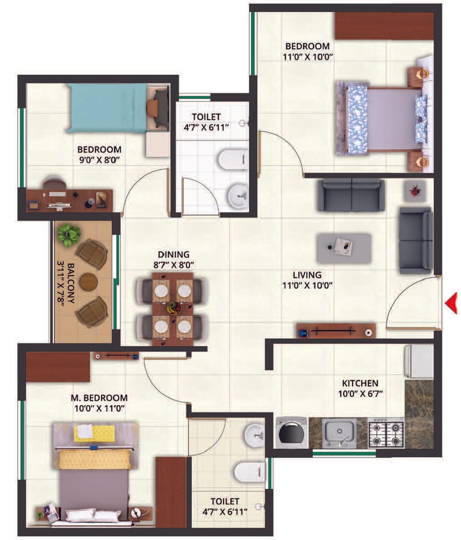 Sattva Aeropolis 3 BHK Type 1 unit plan, Phase I