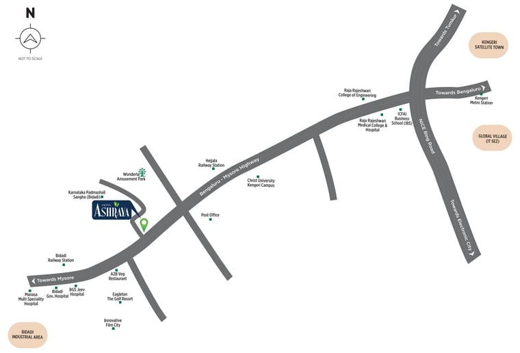 Location map of Sattva Ashraya at Bidadi on the Bengaluru Mysuru Highway, from the developer's brochure