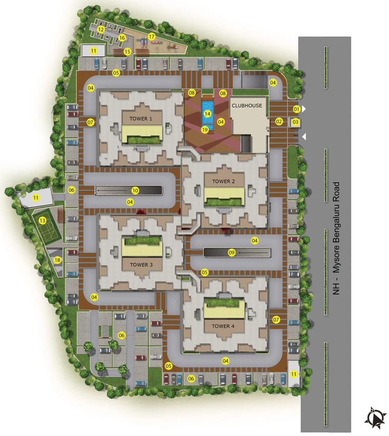 Master plan of Sattva Ashraya with the four towers, clubhouse and amenities