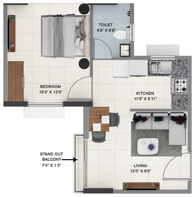 Sattva Ashraya 1 BHK unit plan, Type A2