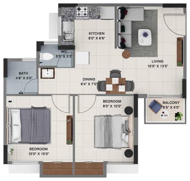 Sattva Ashraya 2 BHK unit plan, Type B5, one toilet