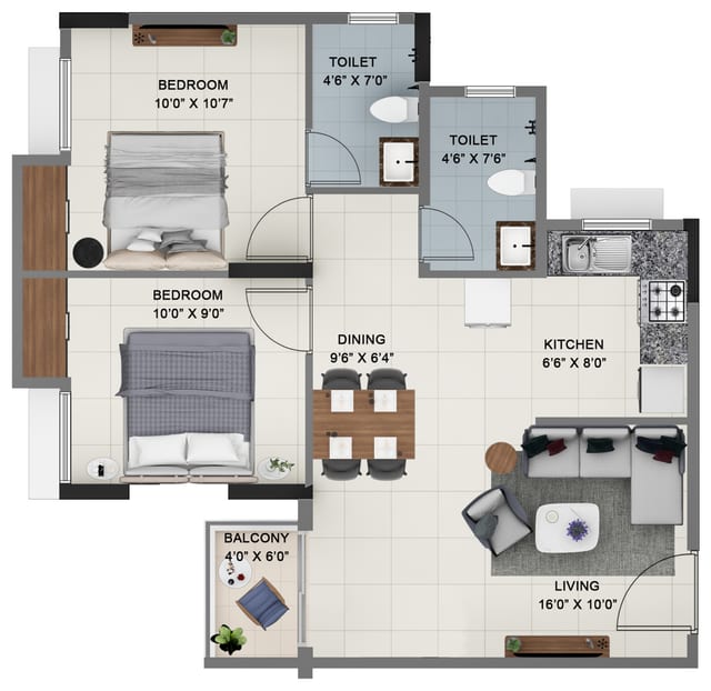 Sattva Ashraya 2 BHK unit plan, Type C1, two toilets