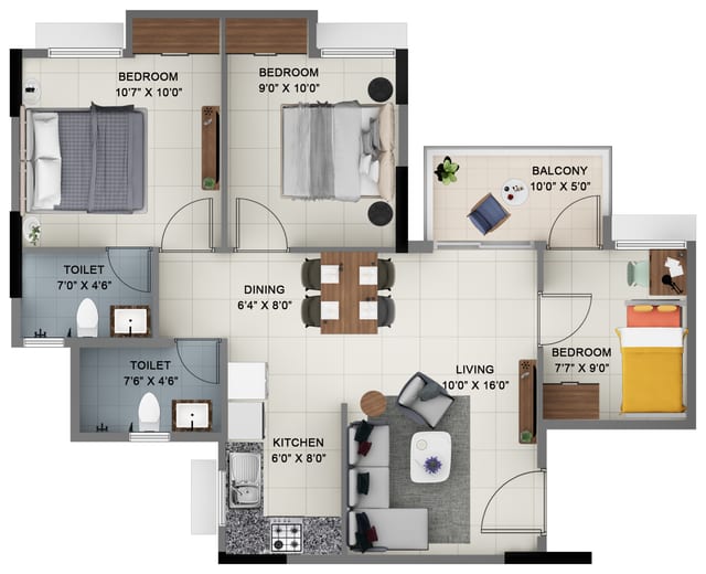 Sattva Ashraya 3 BHK unit plan, Type D2