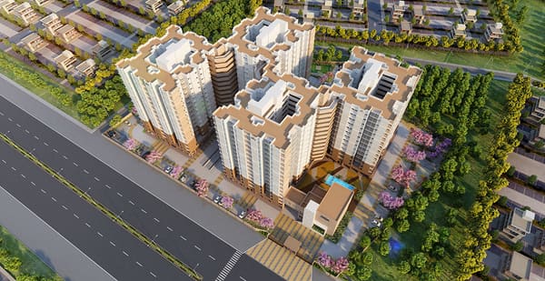 Aerial view of Sattva Ashraya beside the Bengaluru Mysuru Highway, artist's impression