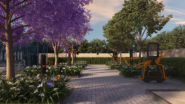 The outdoor gym and tree plaza at Sattva Ashraya, artist's impression