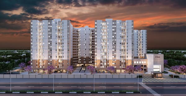 Sattva Ashraya towers lit up at dusk, artist's impression