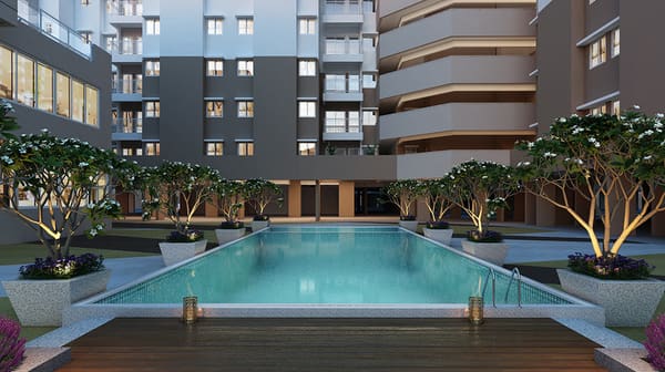 The swimming pool at Sattva Ashraya in the evening, artist's impression