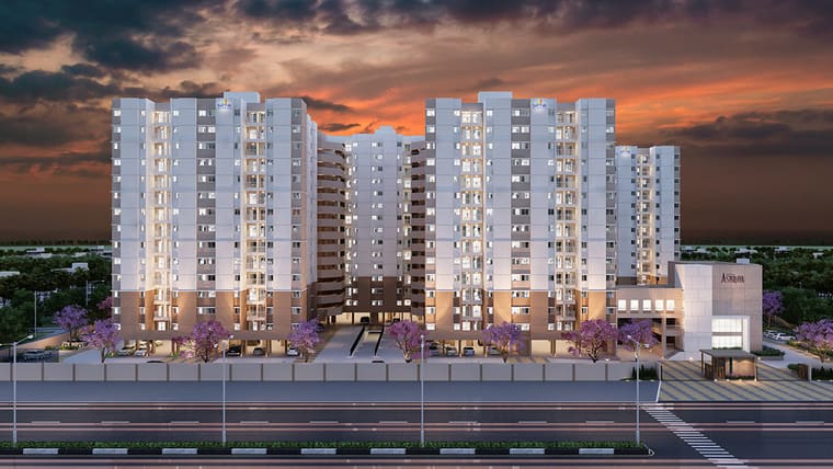 Sattva Ashraya towers lit at dusk, artist's impression, the poster of the walkthrough